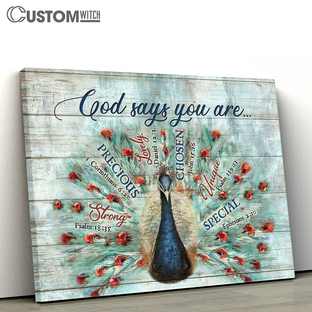 Blue Peacock God Says You Are Wall Art Canvas - Christian Wall Art - Religious Art