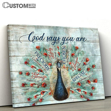 Blue Peacock God Says You Are Wall Art Canvas - Christian Wall Art - Religious Art