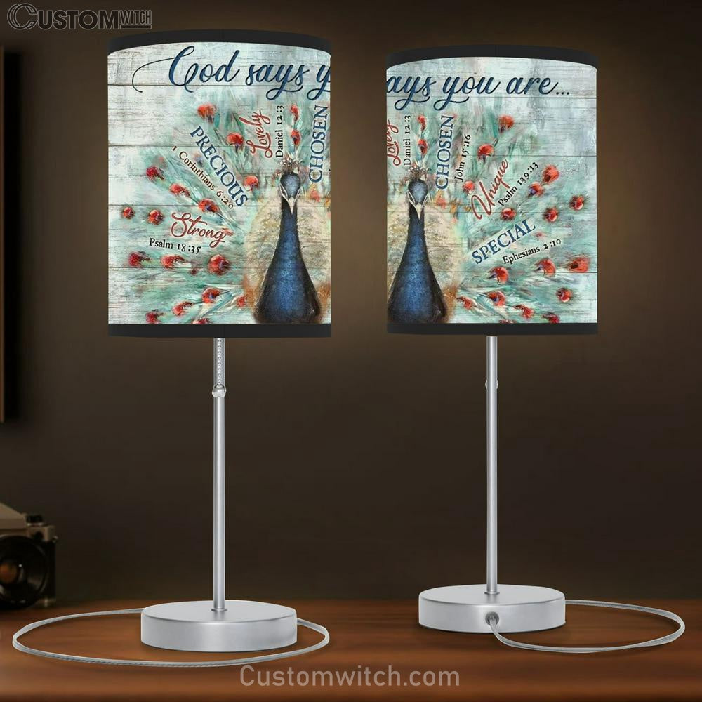Blue Peacock Painting, Bible Verses, Vintage Drawing, God Says You Are Table Lamp