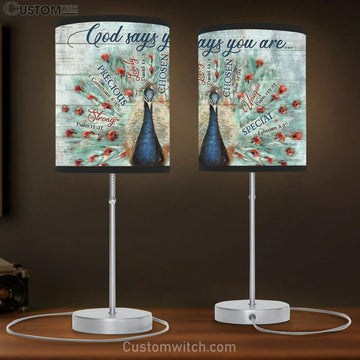 Blue Peacock Painting, Bible Verses, Vintage Drawing, God Says You Are Table Lamp
