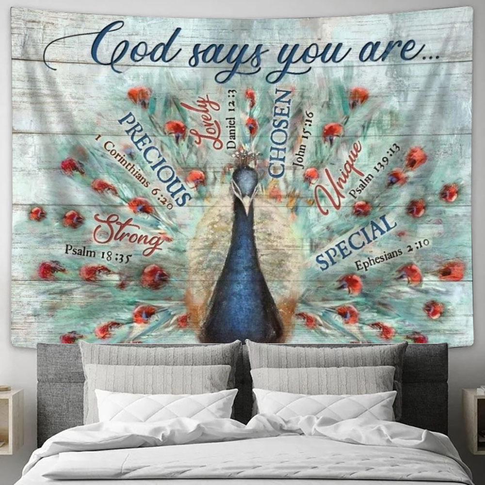 Blue Peacock Painting, Bible Verses, Vintage Drawing, God Says You Are Tapestry, Tapestries for Living Room Bedroom