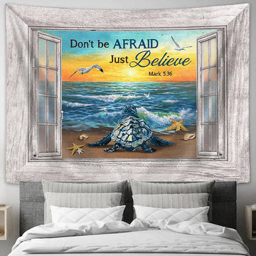 Blue Turtle Don&#39;t Be Afraid, Just Believe Wall Art Tapestry - Christian Wall Art - Religious Art
