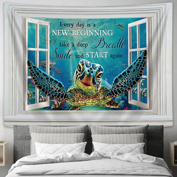Blue Turtle Every Day Is A New Beginning Wall Art Tapestry - Christian Wall Art - Religious Art
