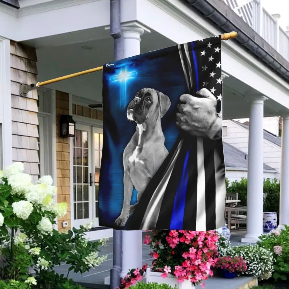Boxer Police Dog Thin Blue Line Christian Cross House Flags, Christian Flag, Scripture Flag, Garden Banner