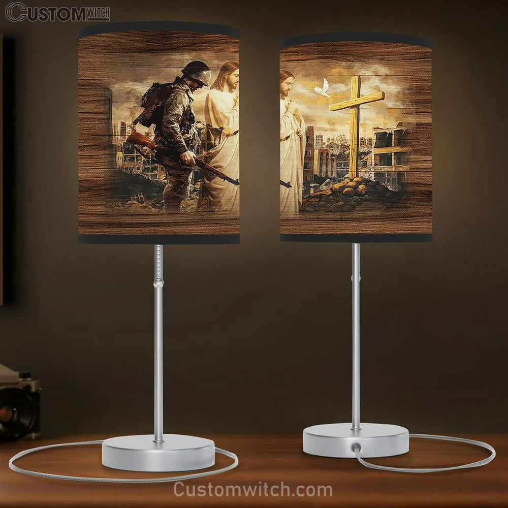 Brave Soldier Jesus Praying City In War Wooden Cross Table Lamp Gift - Bible Verse Table Lamp - Religious Bedroom Decor
