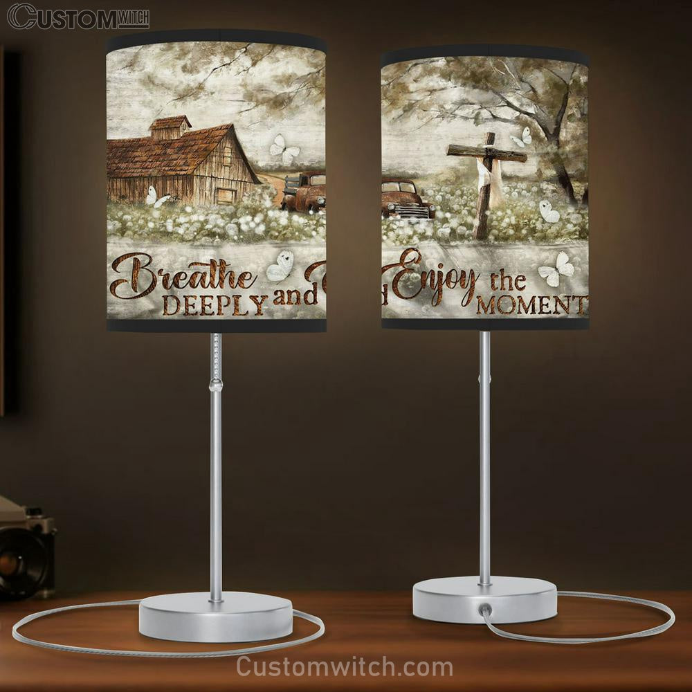 Breathe Deeply And Enjoy The Moment Old Car Cross Butterfly Large Table Lamp Art - Christian Lamp Gift Home Decor - Religious Table Lamp Prints