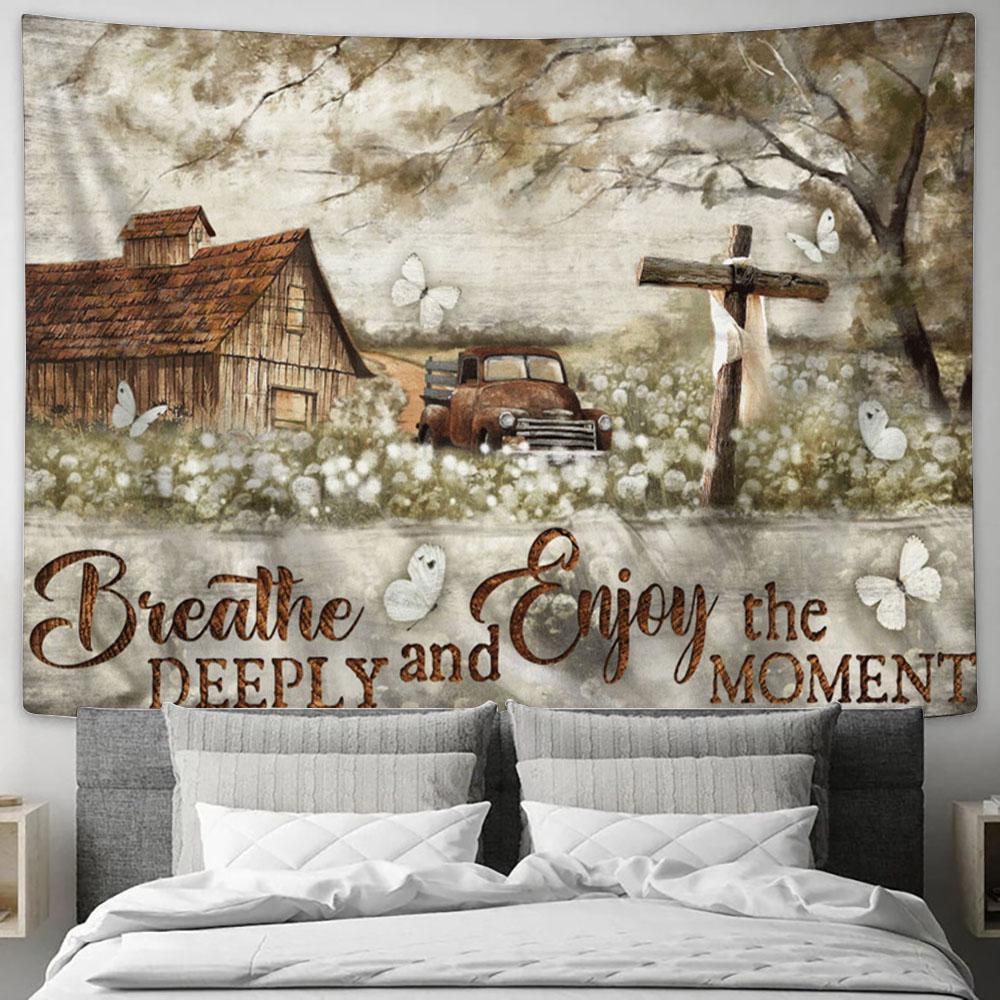 Breathe Deeply And Enjoy The Moment Old Car Cross Butterfly Large Tapestry Art - Christian Wall Art Home Decor - Religious Tapestry Prints