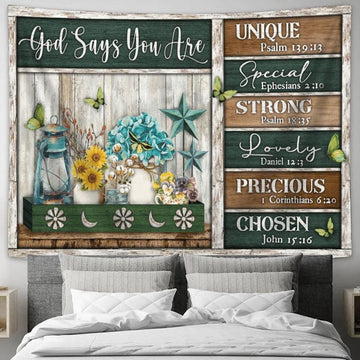 Butterfly And Flower - God Says You Are Unique, Special, Lovely, Precious, Strong, Chosen Tapestry, Tapestries for Living Room Bedroom