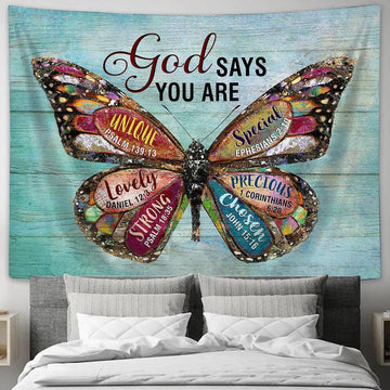 Butterfly God Says You Are Tapestry Wall Art - Bible Verse Tapestry - Religious Tapestry Wall Hanging