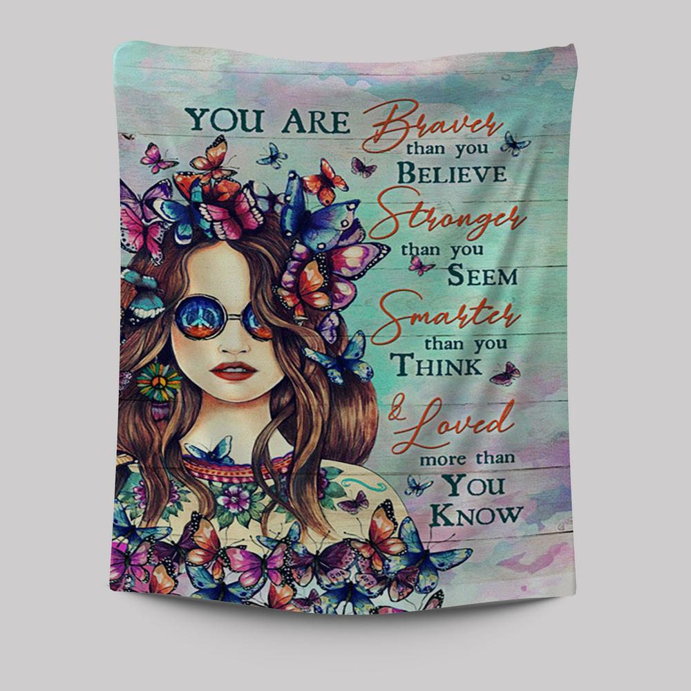 Butterfly You Are Braver Than You Believe Tapestry Wall Art - Christian Tapestries Prints - Bible Verse Tapestry Art