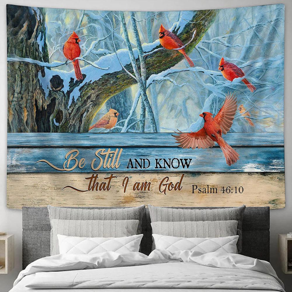 Cardinal Blue Light Be Still And Know That I Am God Tapestry Wall Art - Bible Verse Tapestry - Religious Tapestry Wall Hanging