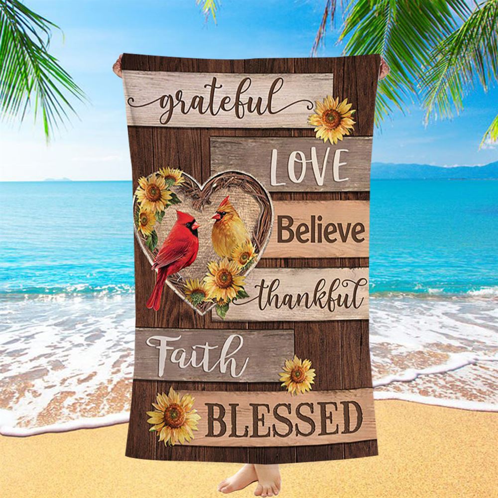 Cardinal Couple Sunflower Grateful Love Believe Beach Towel - Bible Verse Beach Towel - Christian Inspirational Beach Towel