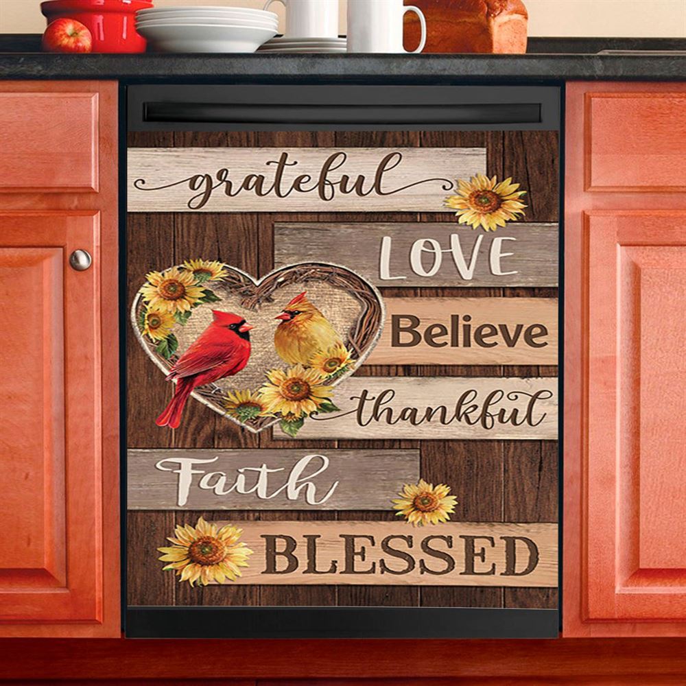 Cardinal Couple Sunflower Grateful Love Believe Dishwasher Cover, Bible Verse Dishwasher Magnet Cover, Christian Inspirational Kitchen Decor