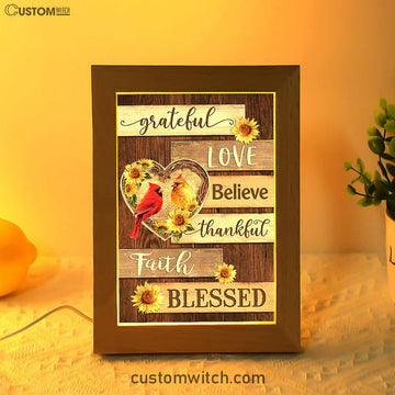 Cardinal Couple Sunflower Grateful Love Believe Frame Lamp Art - Bible Verse Art - Christian Inspirational Decor