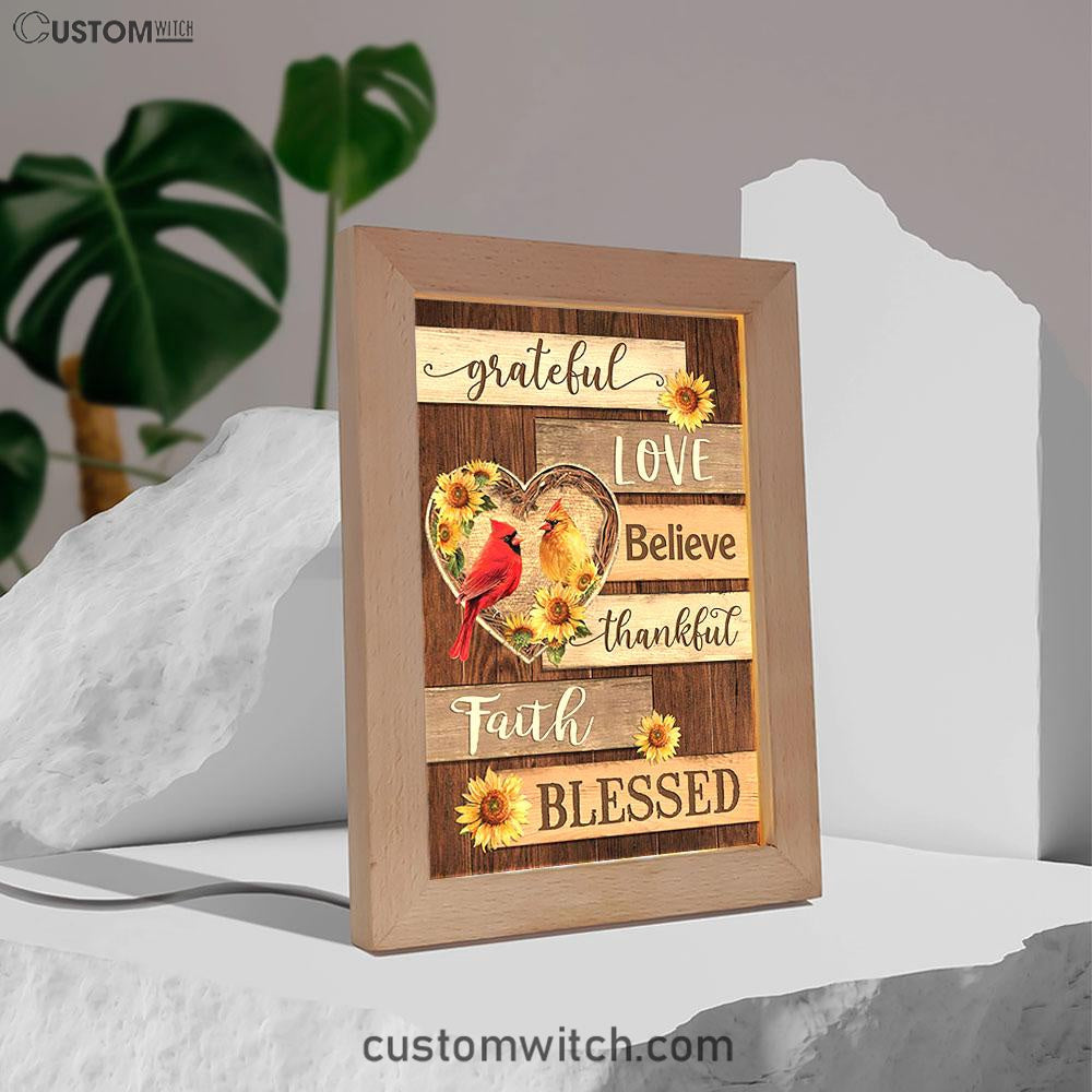 Cardinal Couple Sunflower Grateful Love Believe Frame Lamp Art - Bible Verse Art - Christian Inspirational Decor