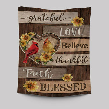Cardinal Couple Sunflower Grateful Love Believe Tapestry Art - Bible Verse Wall Art - Christian Inspirational Wall Decor