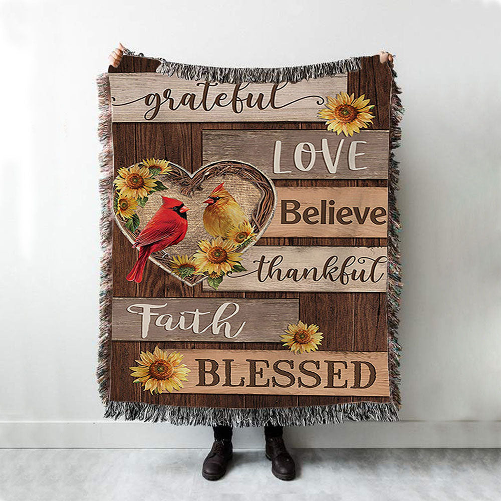 Cardinal Couple Sunflower Grateful Love Believe Woven Blanket Art - Bible Verse Throw Blanket - Christian Inspirational Boho Blanket