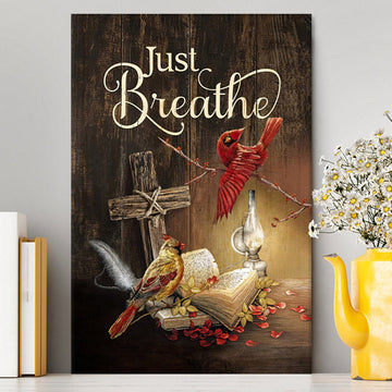 Cardinal Vintage Lantern Bible - Just Breathe Canvas Wall Art - Christian Canvas Prints - Bible Verse Canvas Art