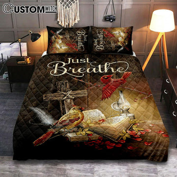 Cardinal Vintage Lantern Bible - Just Breathe Quilt Bedding Set Bedroom - Christian Quilt Bedding Set Prints - Bible Verse Quilt Bedding Set Art