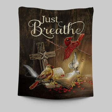 Cardinal Vintage Lantern Bible - Just Breathe Tapestry Wall Art - Christian Tapestries Prints - Bible Verse Tapestry Art