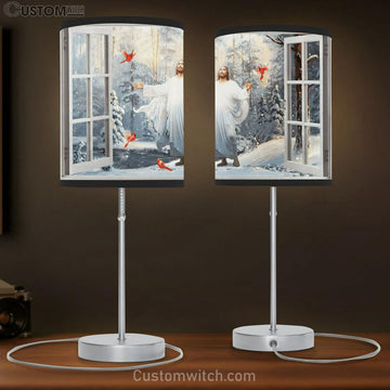 Cardinal Walking With Jesus Into The Winter Forest Table Lamp