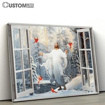 Cardinal Walking With Jesus Into The Winter Forest Canvas Poster