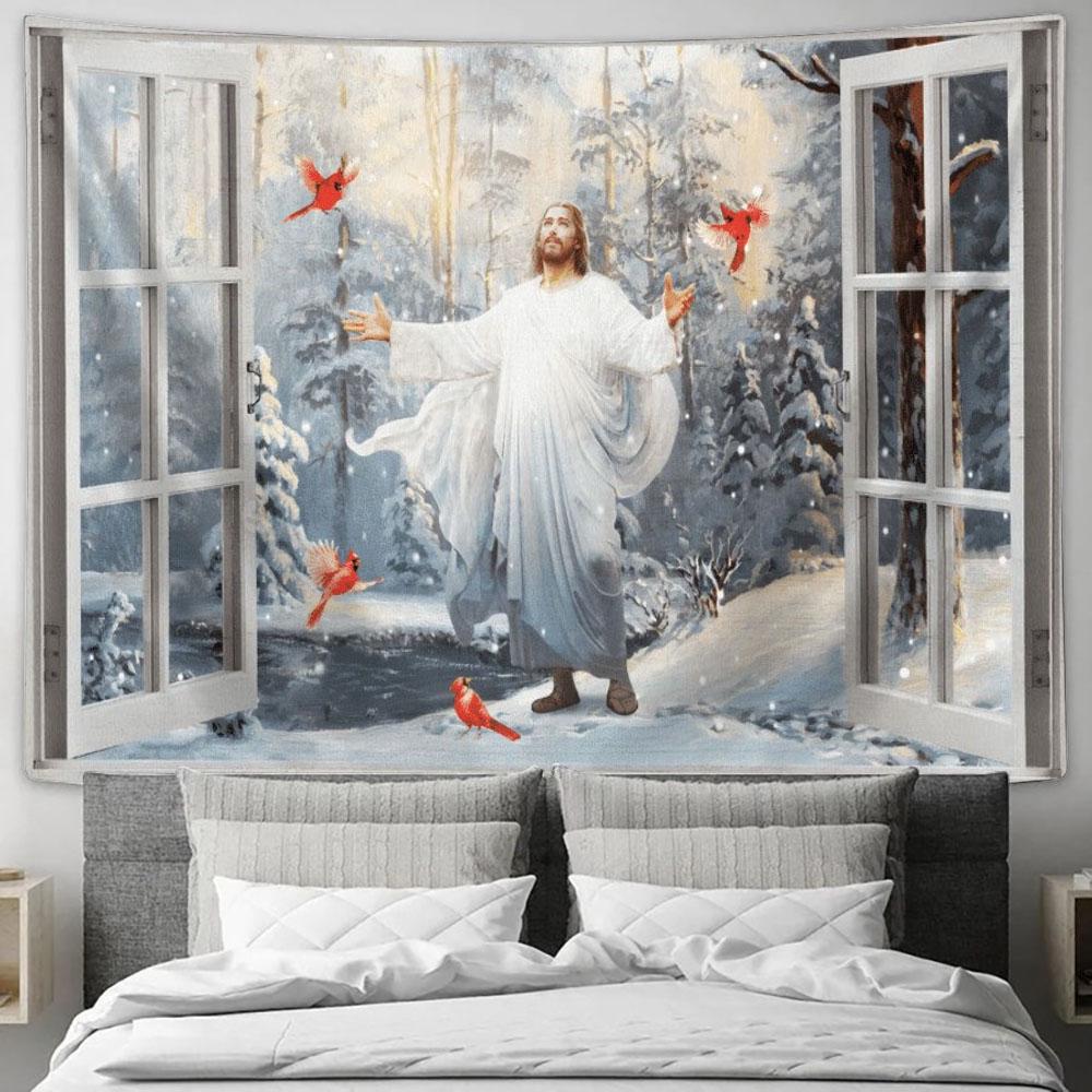 Cardinal Walking With Jesus Into The Winter Forest Tapestry, Tapestries for Living Room Bedroom