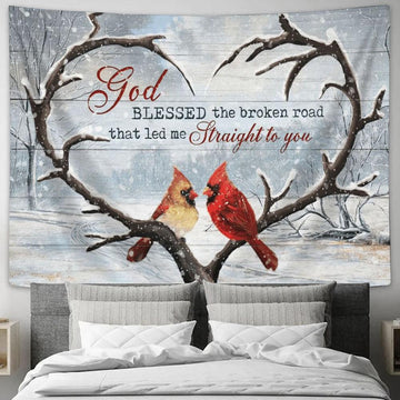 Cardinal Winter Landscape God Blessed The Broken Road That Led Me Straight To You Tapestry, Tapestries for Living Room Bedroom