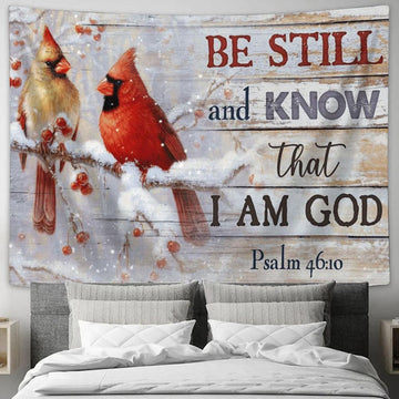 Cardinal Winter Painting Be Still And Know That I Am God Tapestry, Tapestries for Living Room Bedroom