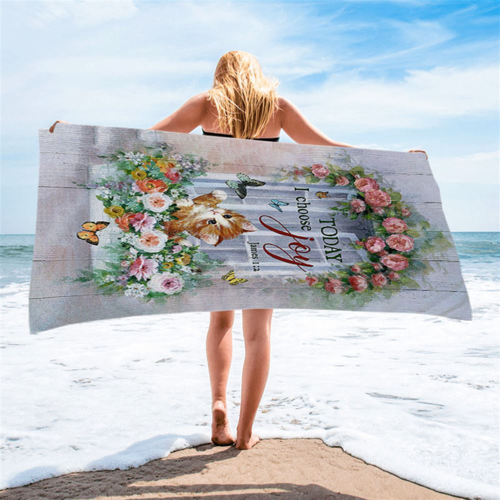 Cat Butterflies Today I Choose Joy Beach Towel - Christian Beach Towel - Gift For Cat Lover