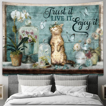 Cat Flower God Has A Plan Trust It Live It Enjoy It Tapestry, Tapestries for Living Room Bedroom