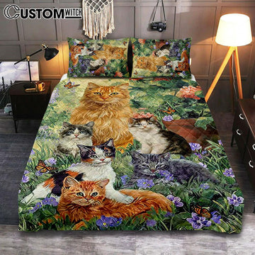 Cat Painting Purple Flower Garden Peace Quilt Bedding Set Quilt Bedding Set Bedroom - Christian Quilt Bedding Set Prints - Bible Verse Quilt Bedding Set Art