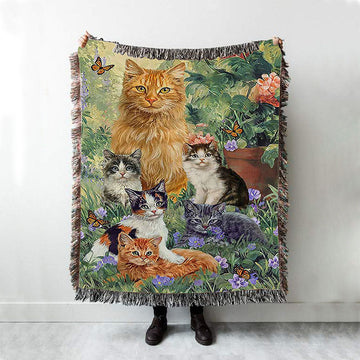 Cat Painting Purple Flower Garden Peace Woven Blanket Woven Throw Blanket - Christian Woven Blanket Prints - Bible Verse Woven Blanket Art