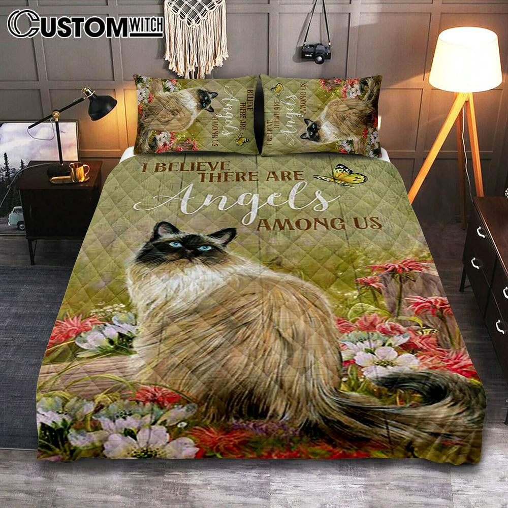 Cat Pink Flower Garden - I Believe There Are Angels Among Us Quilt Bedding Set Bedroom - Christian Quilt Bedding Set Prints