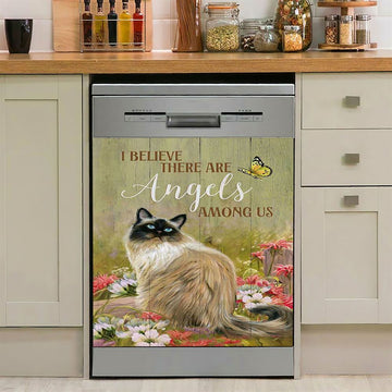 Cat Pink Flower Garden I Believe There Are Angels Among Us Dishwasher Cover, Christian Dishwasher Magnet Cover