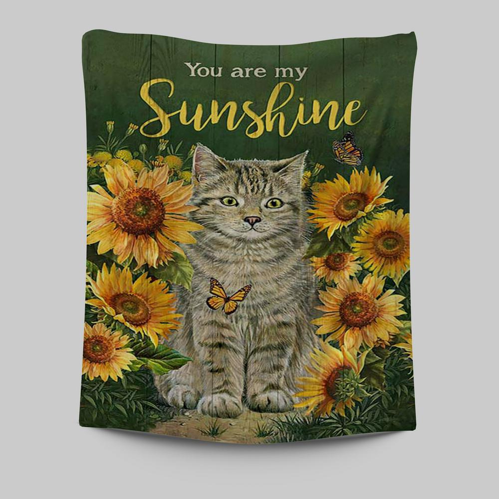 Cat Sunflower Garden Green Background - You Are My Sunshine Tapestry Wall Art - Christian Tapestries Prints