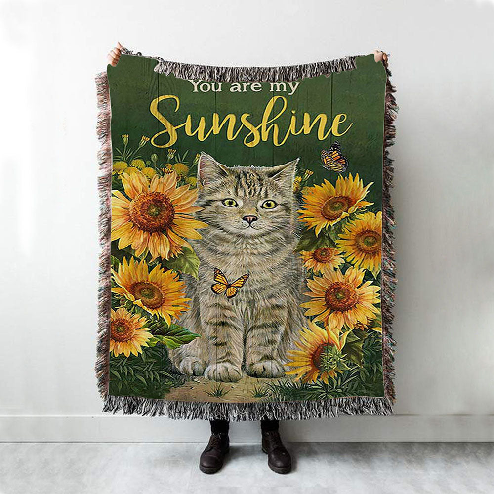 Cat Sunflower Garden Green Background - You Are My Sunshine Woven Throw Blanket - Christian Woven Blanket Prints