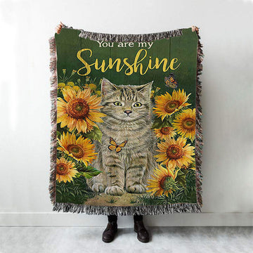 Cat Sunflower Garden Green Background - You Are My Sunshine Woven Throw Blanket - Christian Woven Blanket Prints
