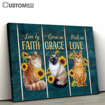 Cat Sunflower Live By Faith Walk In Love Canvas Wall Art - Bible Verse Canvas - Religious Prints