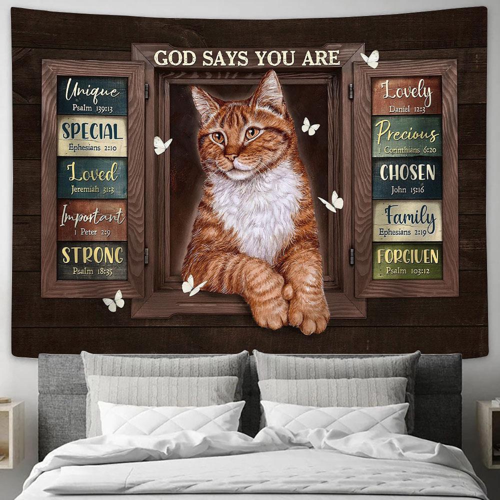 Cat White Butterfly God Says You Are Unique Tapestry Wall Art - Bible Verse Tapestry - Religious Tapestry Wall Hanging