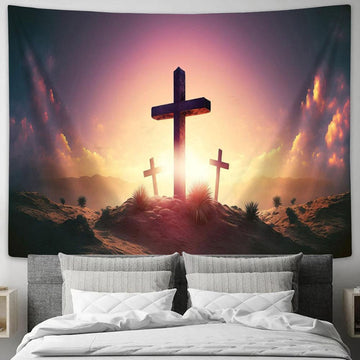Catholic Christian Cross Symbol Sunset Sunrise Tapestry Pictures - Faith Art - Christian Tapestry Wall Art Decor