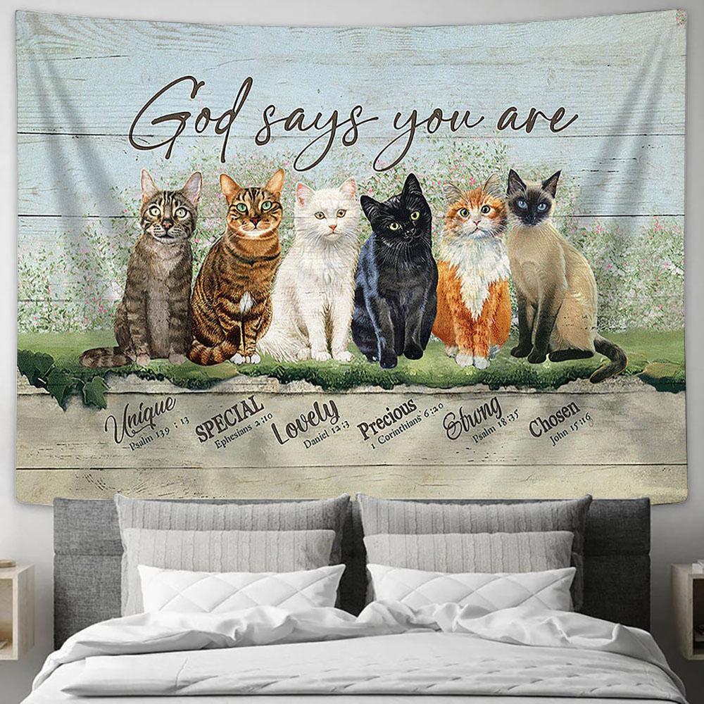 Cats God says you are Tapestry Wall Art - Bible Verse Tapestry - Religious Tapestry Wall Hanging