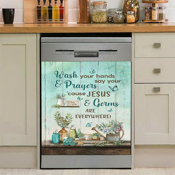 Cause Jesus And Germs Are Everywhere Bathroom Blue Butterfly Dishwasher Cover, Christian Dishwasher Magnet Cover