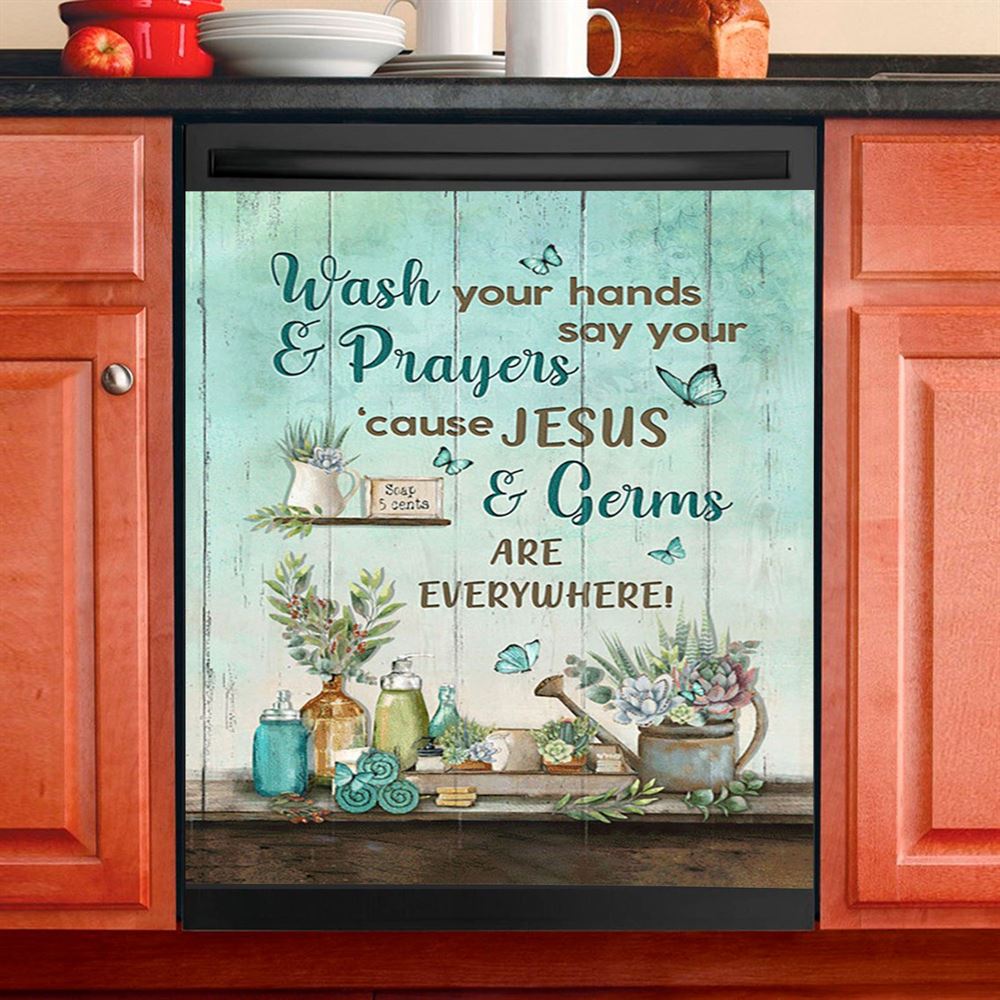 Cause Jesus And Germs Are Everywhere Bathroom Blue Butterfly Dishwasher Cover, Christian Dishwasher Magnet Cover