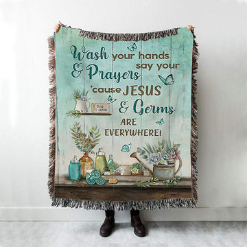 Cause Jesus And Germs Are Everywhere Bathroom Blue Butterfly Woven Throw Blanket - Christian Woven Blanket Prints