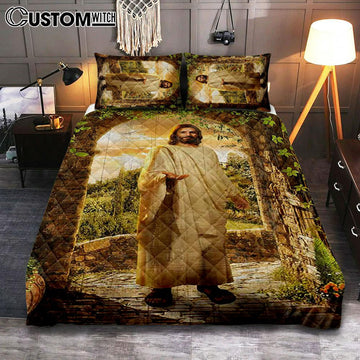 Cave Green Forest Walking With Jesus Quilt Bedding Set Bedroom - Christian Quilt Bedding Set Prints - Bible Verse Quilt Bedding Set Art