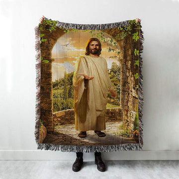 Cave Green Forest Walking With Jesus Woven Throw Blanket - Christian Woven Blanket Prints - Bible Verse Woven Blanket Art