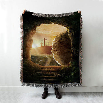 Cave Sunrise Three Crosses The Path To Paradise Woven Throw Blanket - Christian Woven Blanket Prints - Bible Verse Woven Blanket Art