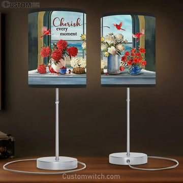 Cherish Every Moment Cardinals Red And White Flower Vase Beach View Large Table Lamp - Christian Lamp Gift - Bible Verse Table Lamp Art