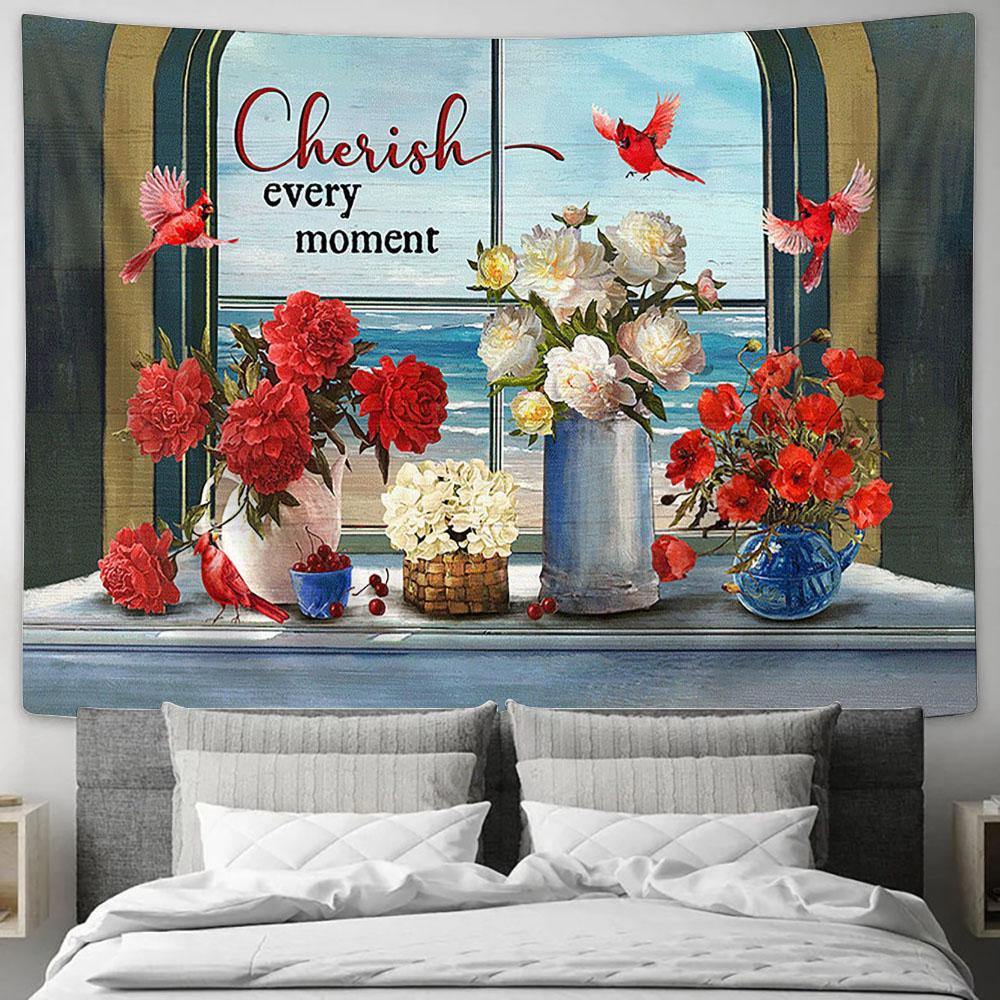 Cherish Every Moment Cardinals Red And White Flower Vase Beach View Large Tapestry - Christian Wall Art - Bible Verse Tapestry Art